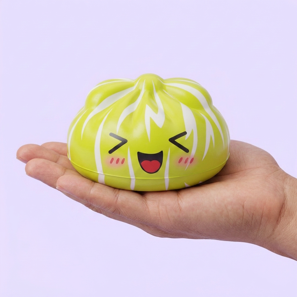 Squishy Dumpling Mystery Happy Faces tenu en main, taille réelle