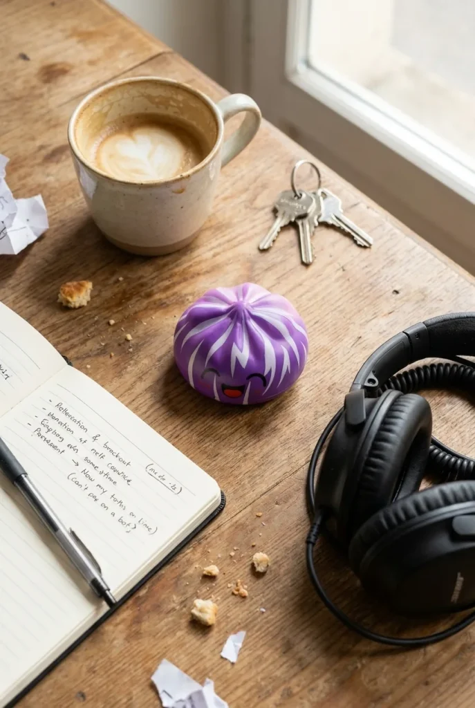 Squishy Dumpling Mystery Happy Faces posé sur un bureau, dans le quotidien