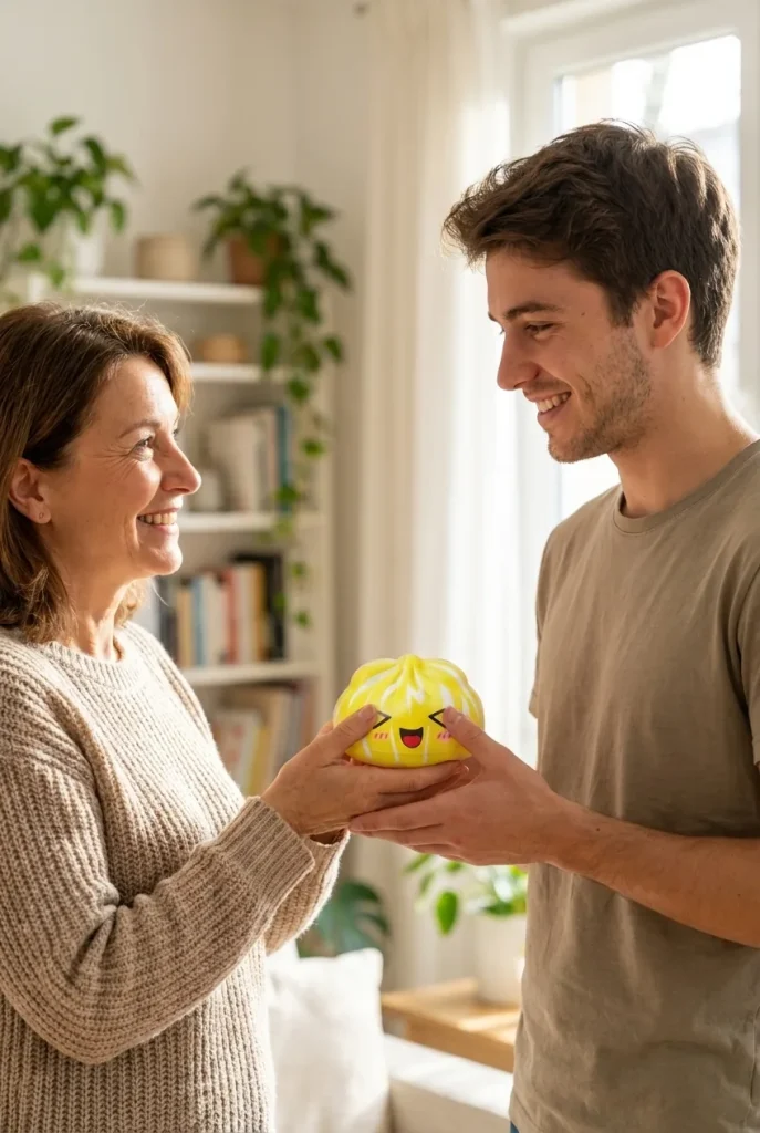 Squishy Dumpling Mystery Happy Faces offert en cadeau entre deux personnes