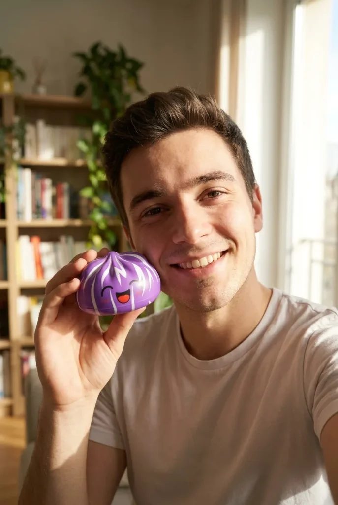 Squishy Dumpling Mystery Happy Faces tenu près du visage — photo client