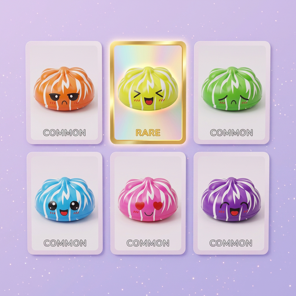 Squishy Dumpling Mystery Happy Faces — carte des raretés (commun, rare, ultra rare)