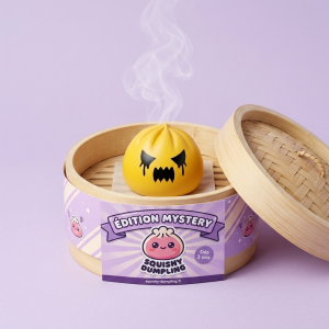 Squishy Dumpling Fantôme Mystery dans sa boîte panier vapeur façon bambou