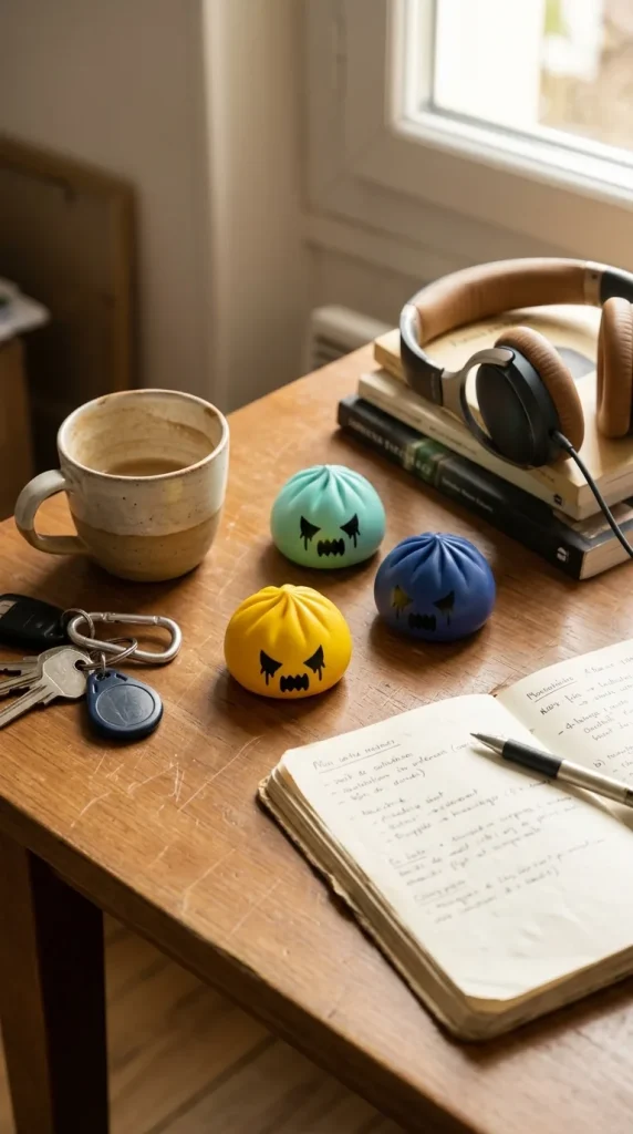 Squishy Dumpling Fantôme Mystery posé sur un bureau, dans le quotidien