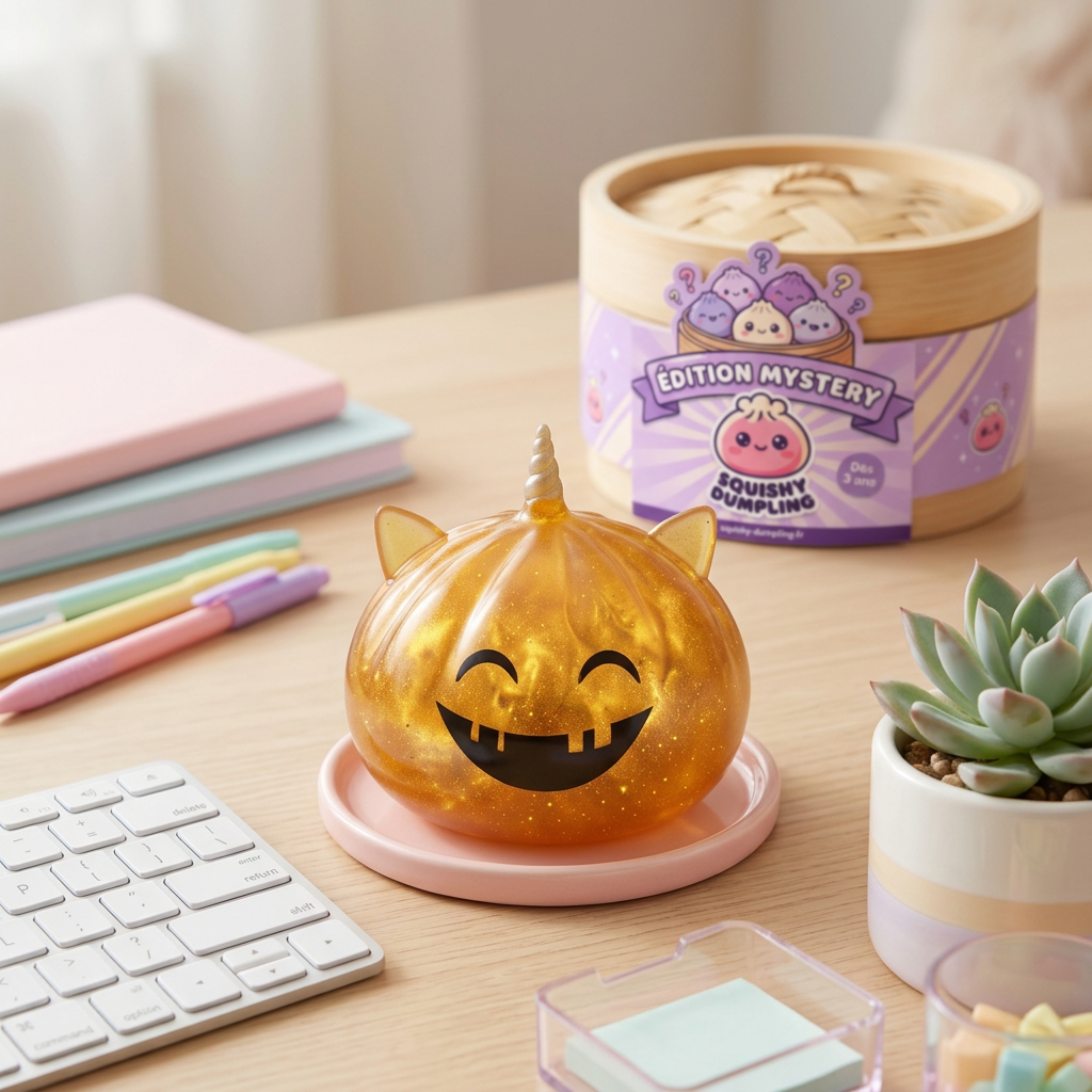Dumpling Squishy Licorne Cornue Mystère Halloween en ambiance sur un bureau