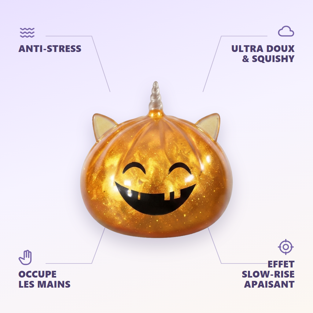 Dumpling Squishy Licorne Cornue Mystère Halloween — anti-stress, ultra doux, effet slow-rise