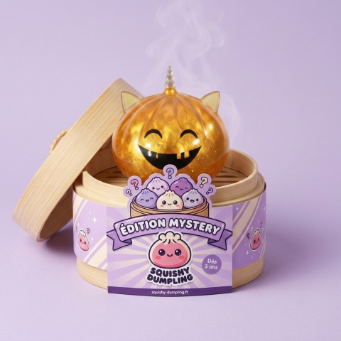 Dumpling Squishy Licorne Cornue Mystère Halloween dans sa boîte panier vapeur façon bambou