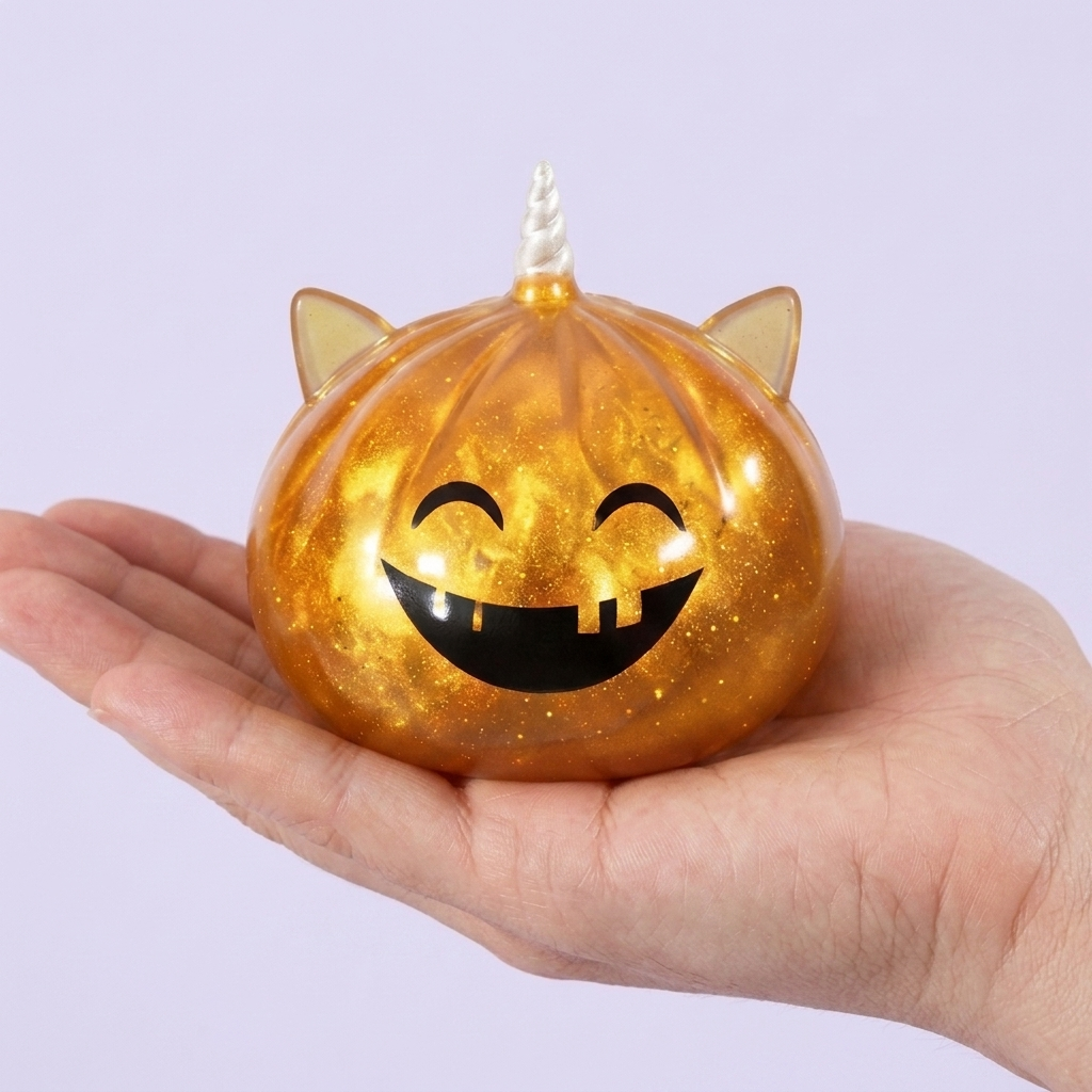 Dumpling Squishy Licorne Cornue Mystère Halloween tenu en main, taille réelle