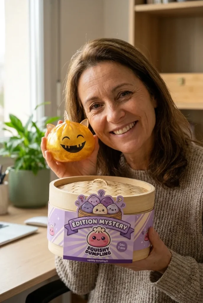 Dumpling Squishy Licorne Cornue Mystère Halloween présenté avec sa boîte panier vapeur — photo client
