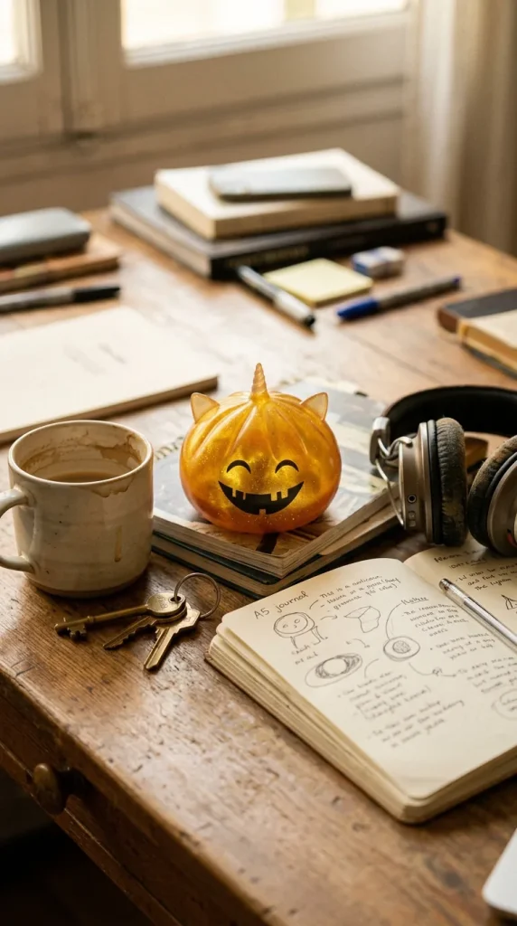 Dumpling Squishy Licorne Cornue Mystère Halloween posé sur un bureau, dans le quotidien