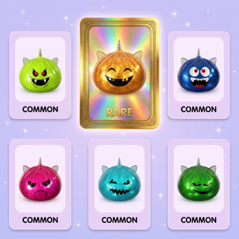 Dumpling Squishy Licorne Cornue Mystère Halloween — carte des raretés (commun, rare, ultra rare)