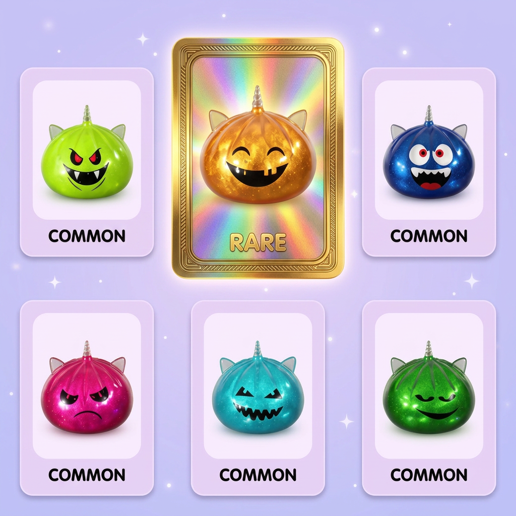 Dumpling Squishy Licorne Cornue Mystère Halloween — carte des raretés (commun, rare, ultra rare)