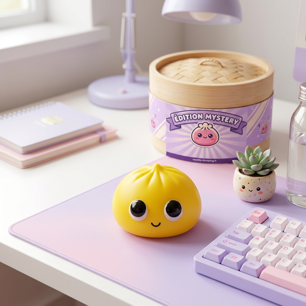 Dumpling Squishy Mystery Pop Grands Yeux en ambiance sur un bureau