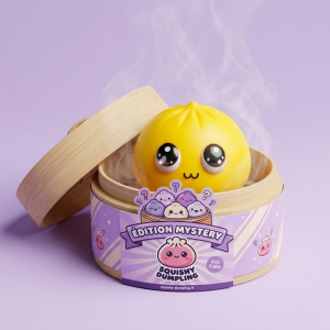 Dumpling Squishy Mystery Pop Grands Yeux dans sa boîte panier vapeur façon bambou