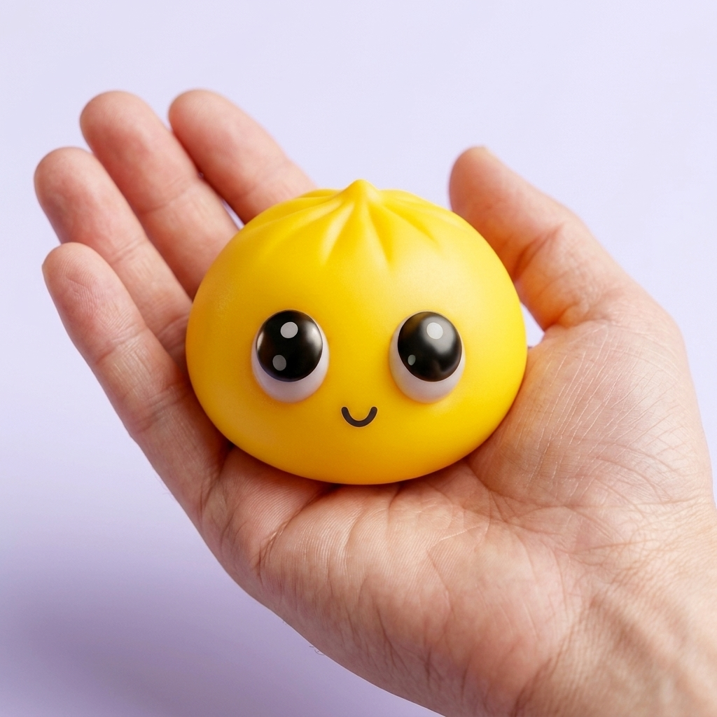 Dumpling Squishy Mystery Pop Grands Yeux tenu en main, taille réelle