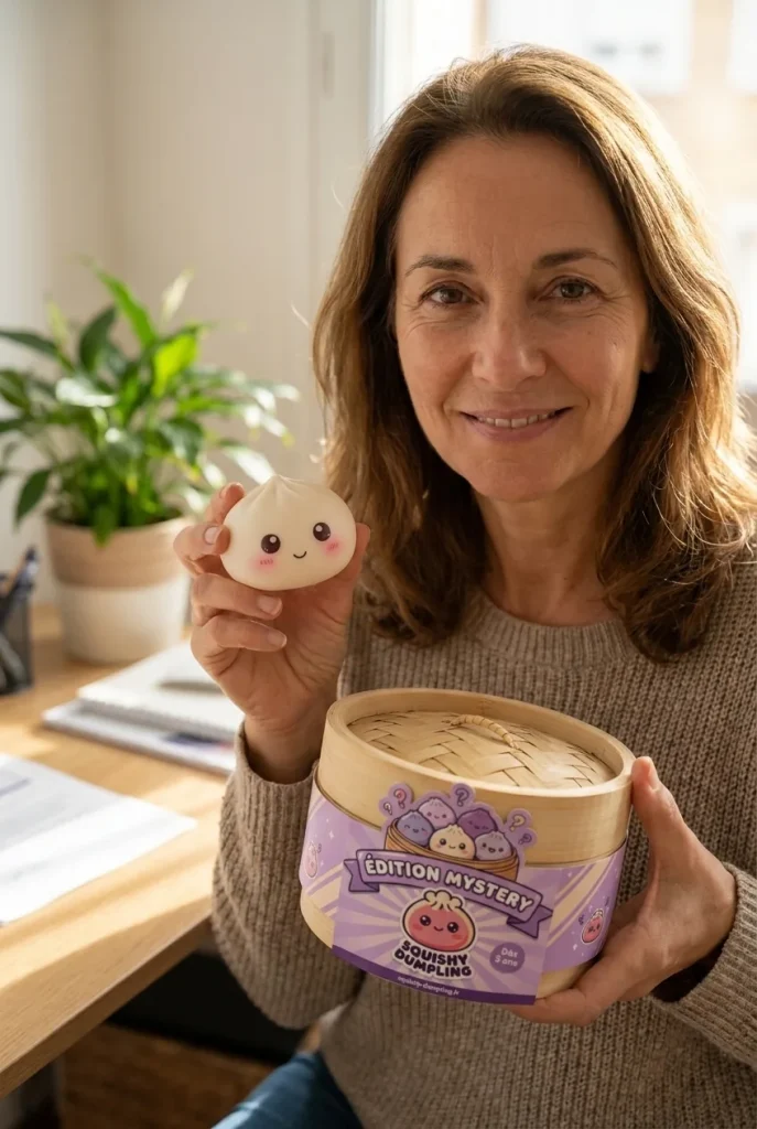 Dumpling Squishy Mystery Pop Grands Yeux présenté avec sa boîte panier vapeur — photo client