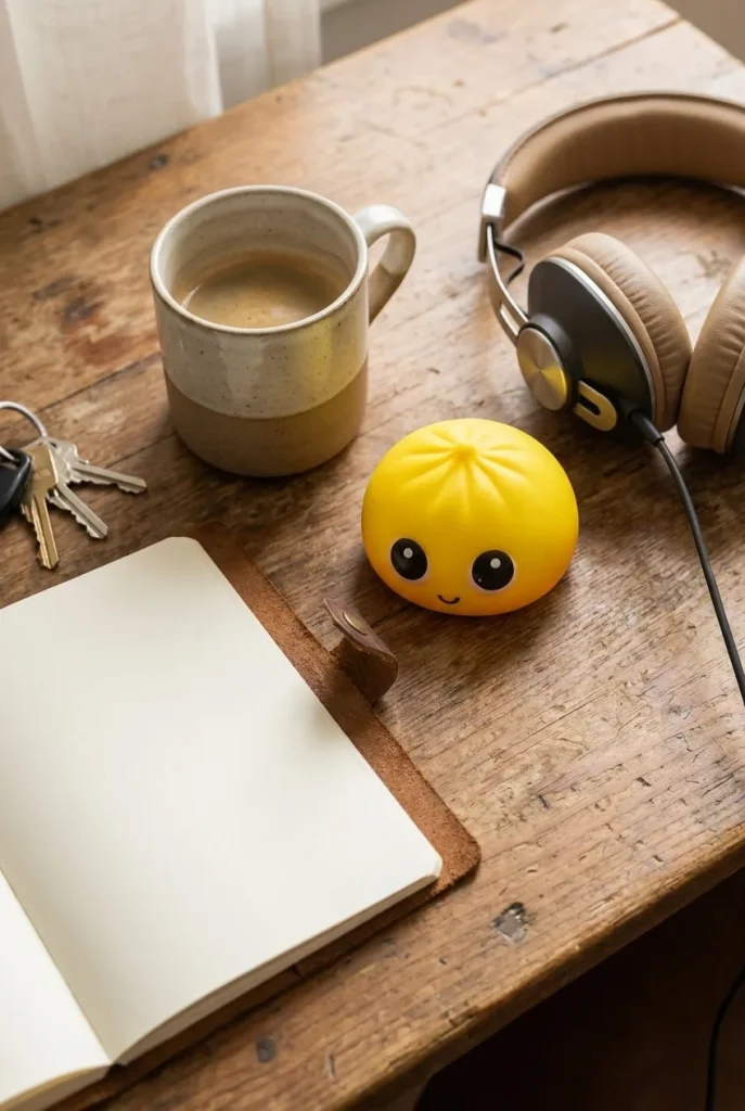 Dumpling Squishy Mystery Pop Grands Yeux posé sur un bureau, dans le quotidien