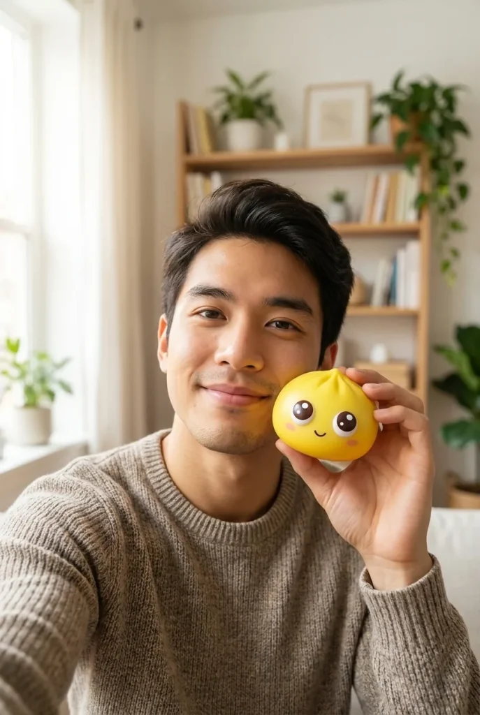 Dumpling Squishy Mystery Pop Grands Yeux tenu près du visage — photo client