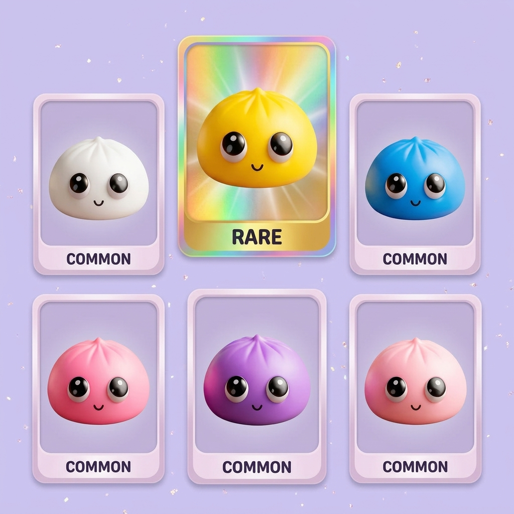 Dumpling Squishy Mystery Pop Grands Yeux — carte des raretés (commun, rare, ultra rare)
