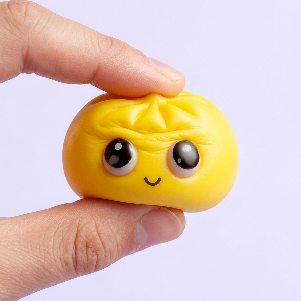 Dumpling Squishy Mystery Pop Grands Yeux pressé dans la main, matière squishy