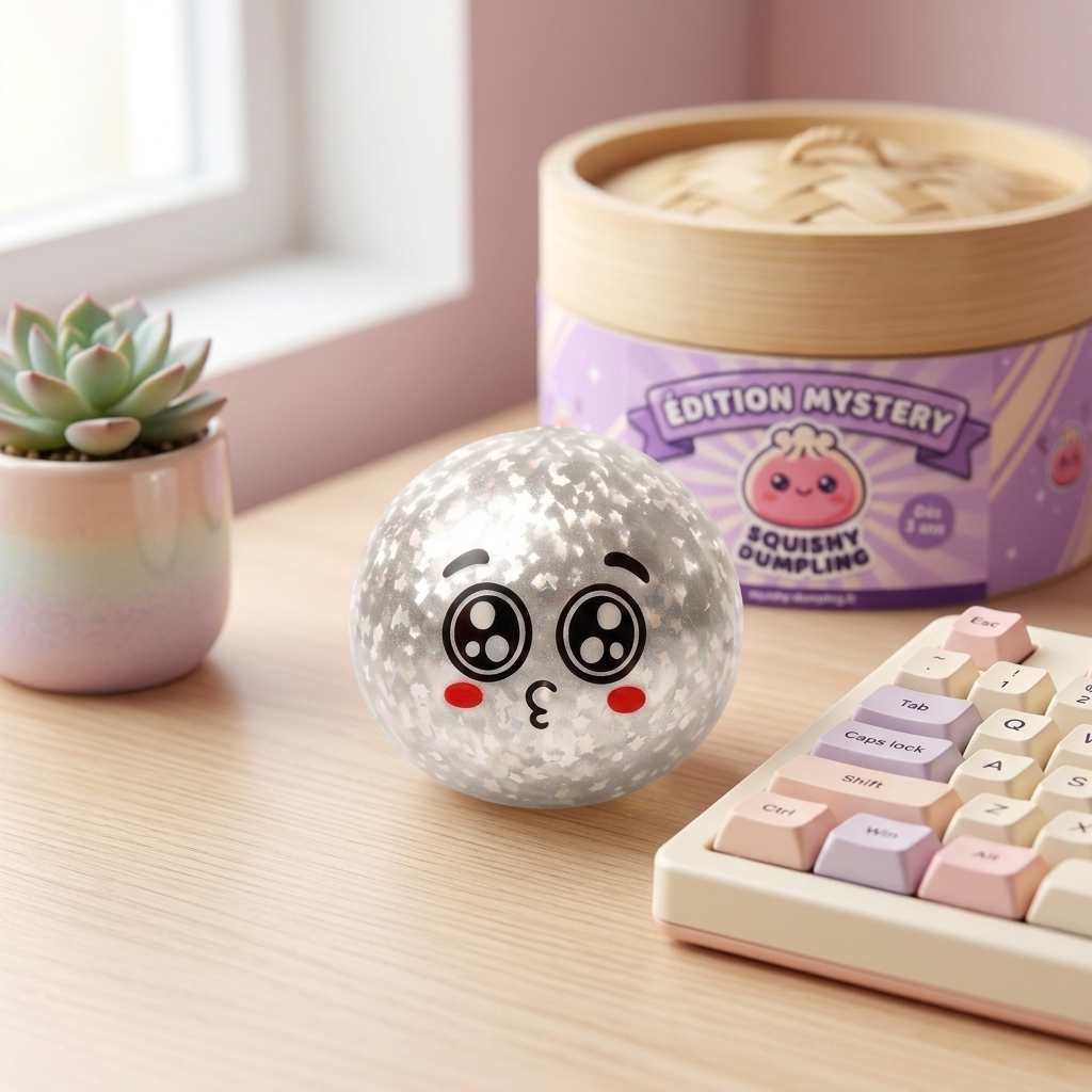 Squishy Dumpling Puppy Eyed Mystery en ambiance sur un bureau