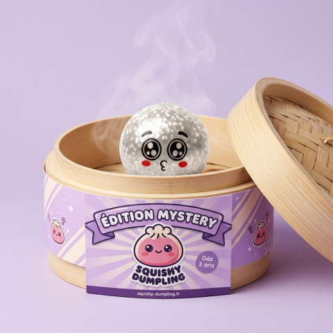 Squishy Dumpling Puppy Eyed Mystery dans sa boîte panier vapeur façon bambou