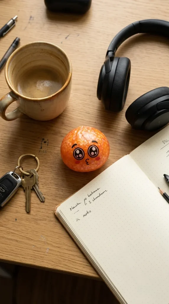 Squishy Dumpling Puppy Eyed Mystery posé sur un bureau, dans le quotidien