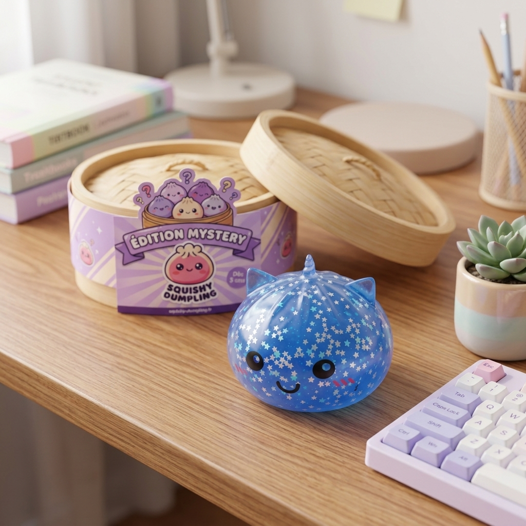 Squishy Dumpling Licorne Mystery Glitter en ambiance sur un bureau
