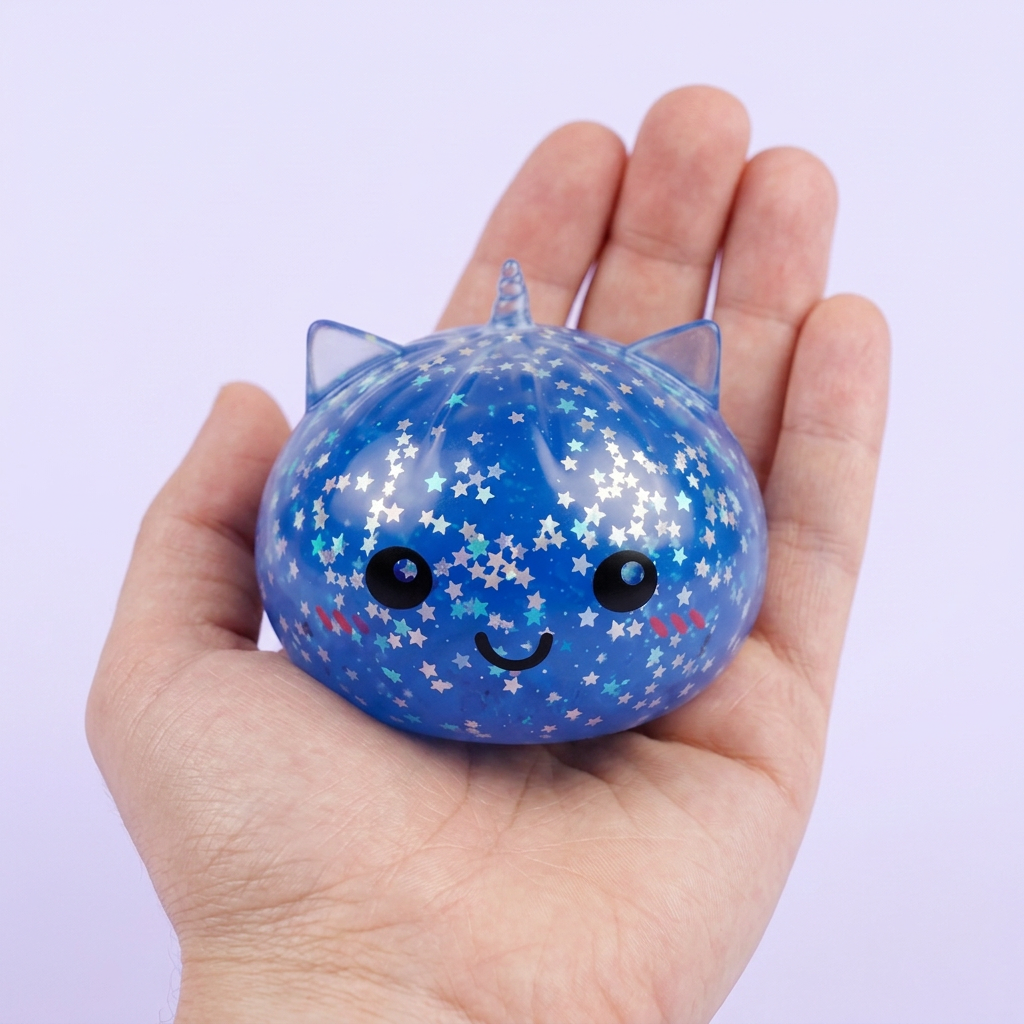 Squishy Dumpling Licorne Mystery Glitter tenu en main, taille réelle