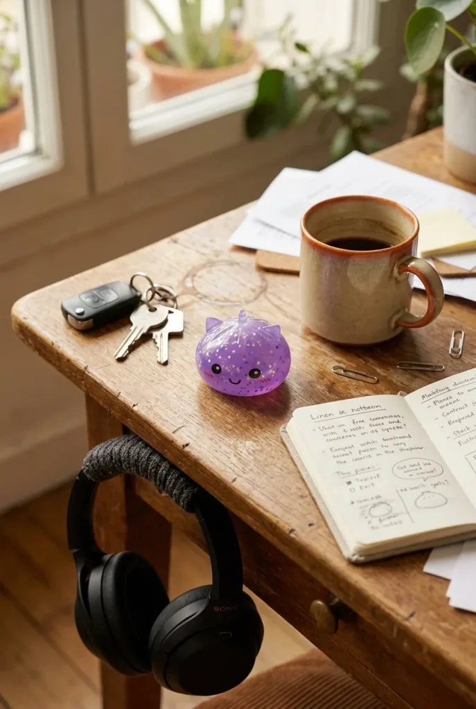 Squishy Dumpling Licorne Mystery Glitter posé sur un bureau, dans le quotidien