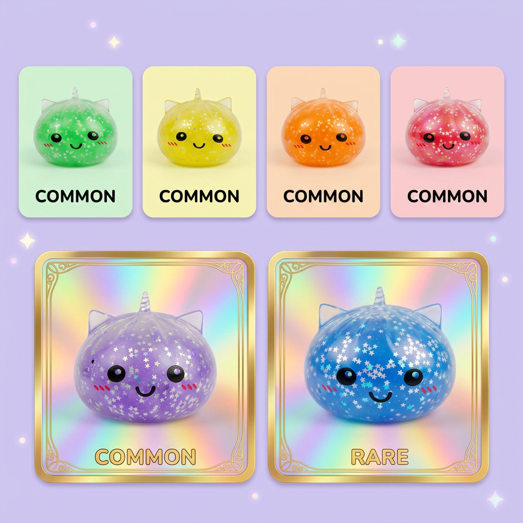 Squishy Dumpling Licorne Mystery Glitter — carte des raretés (commun, rare, ultra rare)