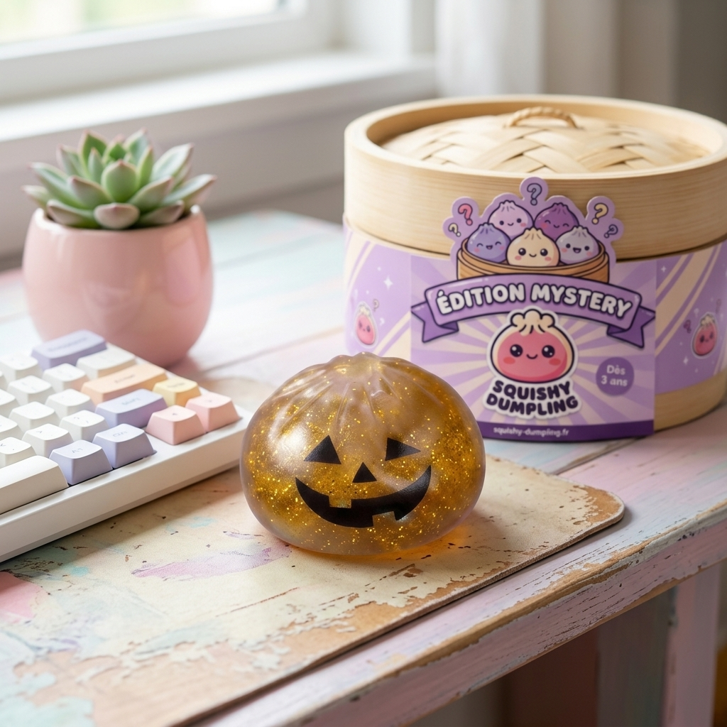 Dumpling Squishy Vampire Mystery Crimson en ambiance sur un bureau