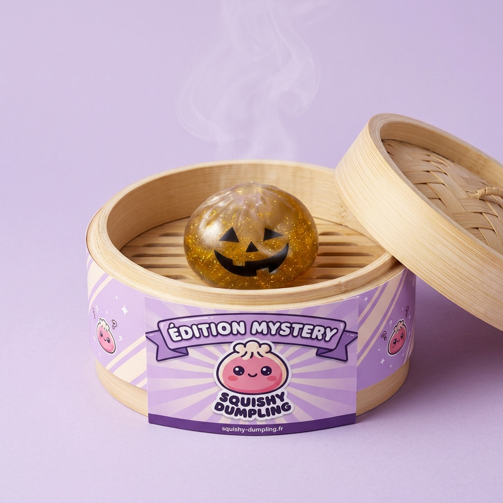 Dumpling Squishy Vampire Mystery Crimson dans sa boîte panier vapeur façon bambou