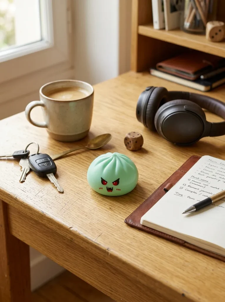 Dumpling Squishy Vampire Mystery Crimson posé sur un bureau, dans le quotidien