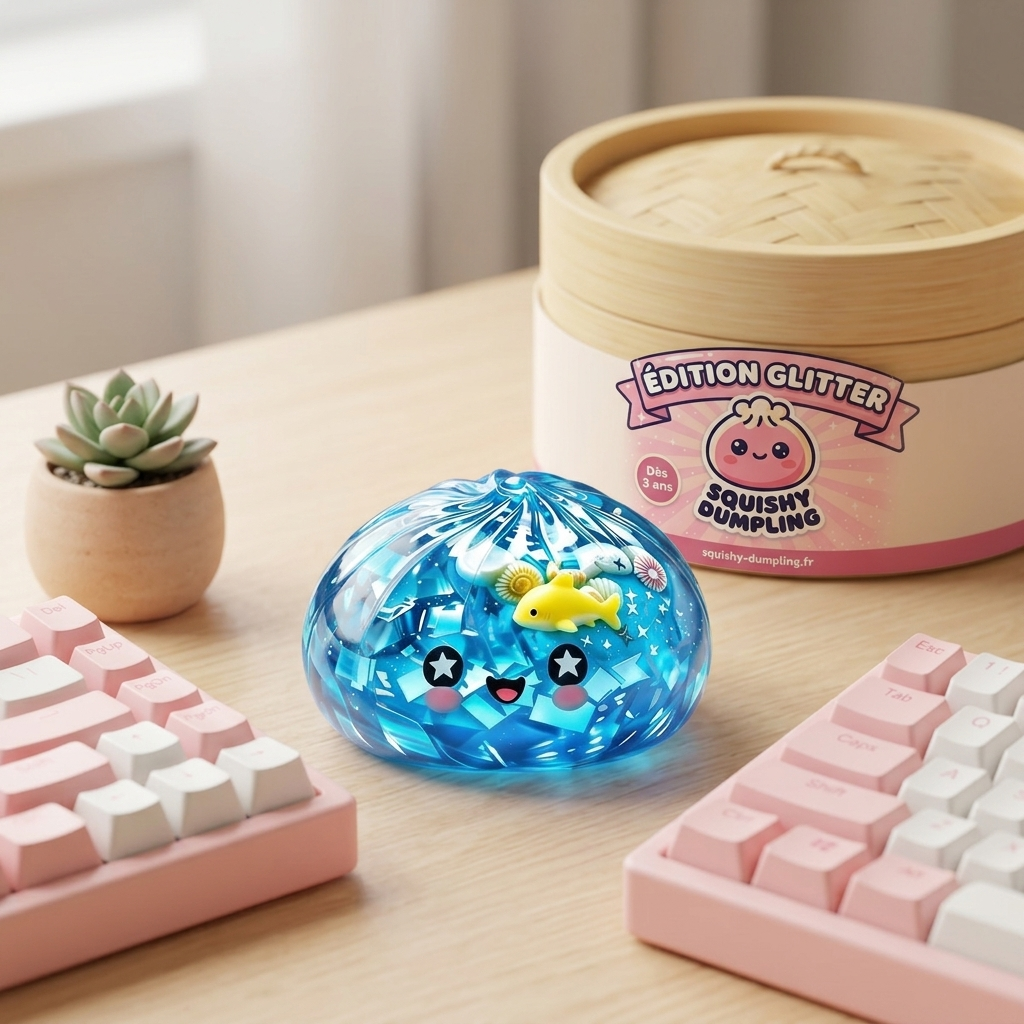 Squishy Dumpling Récif Corail Glitter Océan en ambiance sur un bureau