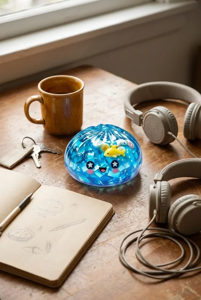 Squishy Dumpling Récif Corail Glitter Océan posé sur un bureau, dans le quotidien