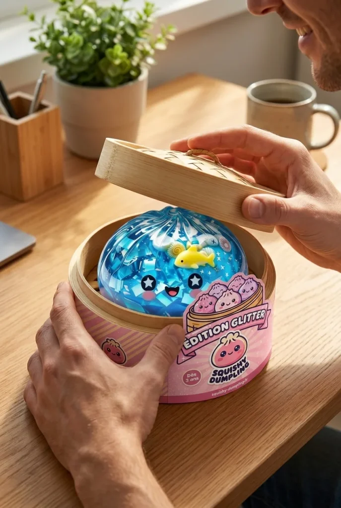 Déballage du Squishy Dumpling Récif Corail Glitter Océan — la boîte panier vapeur s'ouvre