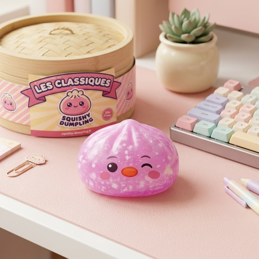 Squishy Dumpling Pingouin Rose Bonbon en ambiance sur un bureau