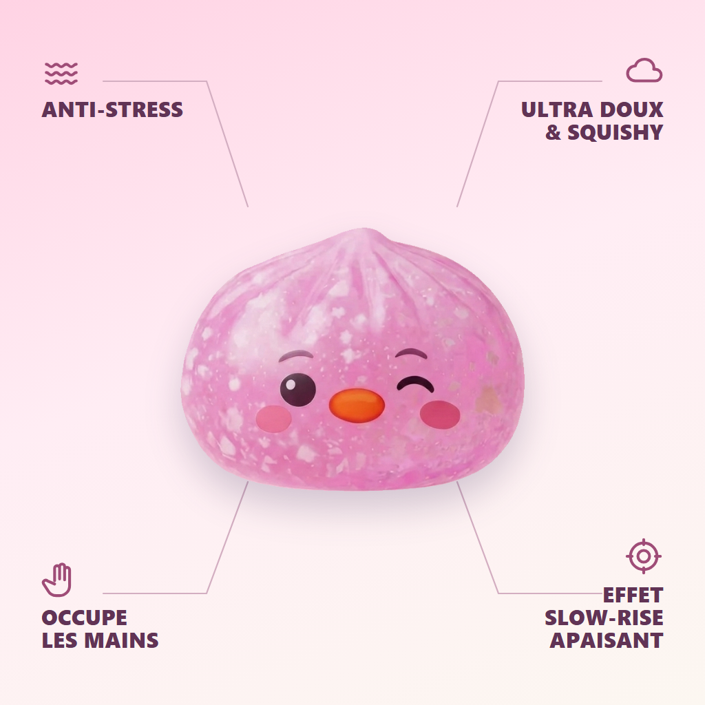 Squishy Dumpling Pingouin Rose Bonbon — anti-stress, ultra doux, effet slow-rise