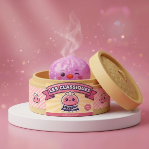 Squishy Dumpling Pingouin Rose Bonbon dans sa boîte panier vapeur façon bambou
