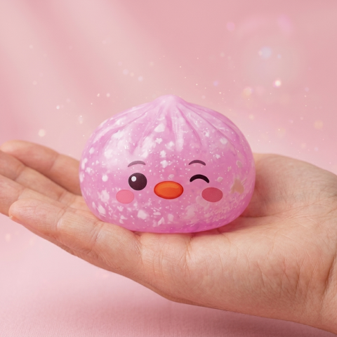 Squishy Dumpling Pingouin Rose Bonbon tenu en main, taille réelle