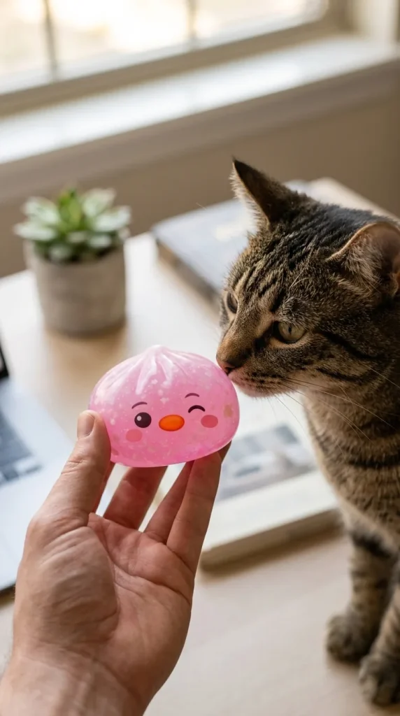 Squishy Dumpling Pingouin Rose Bonbon tenu près d'un animal de compagnie curieux