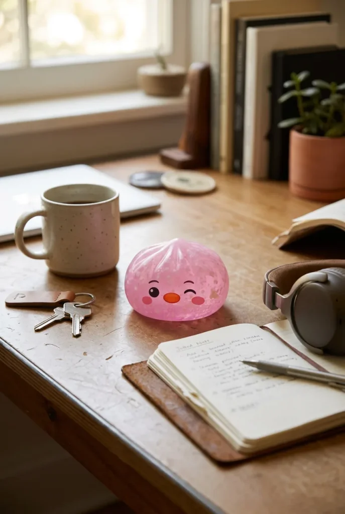 Squishy Dumpling Pingouin Rose Bonbon posé sur un bureau, dans le quotidien