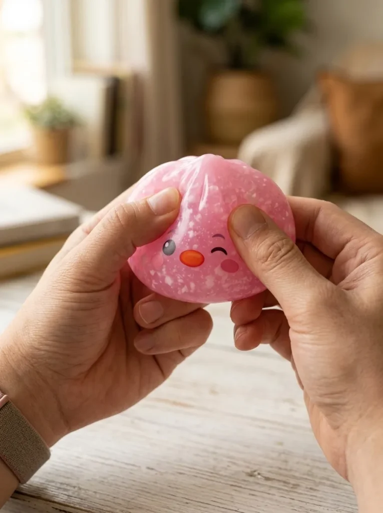 Squishy Dumpling Pingouin Rose Bonbon pressé dans la main — effet squishy slow-rise
