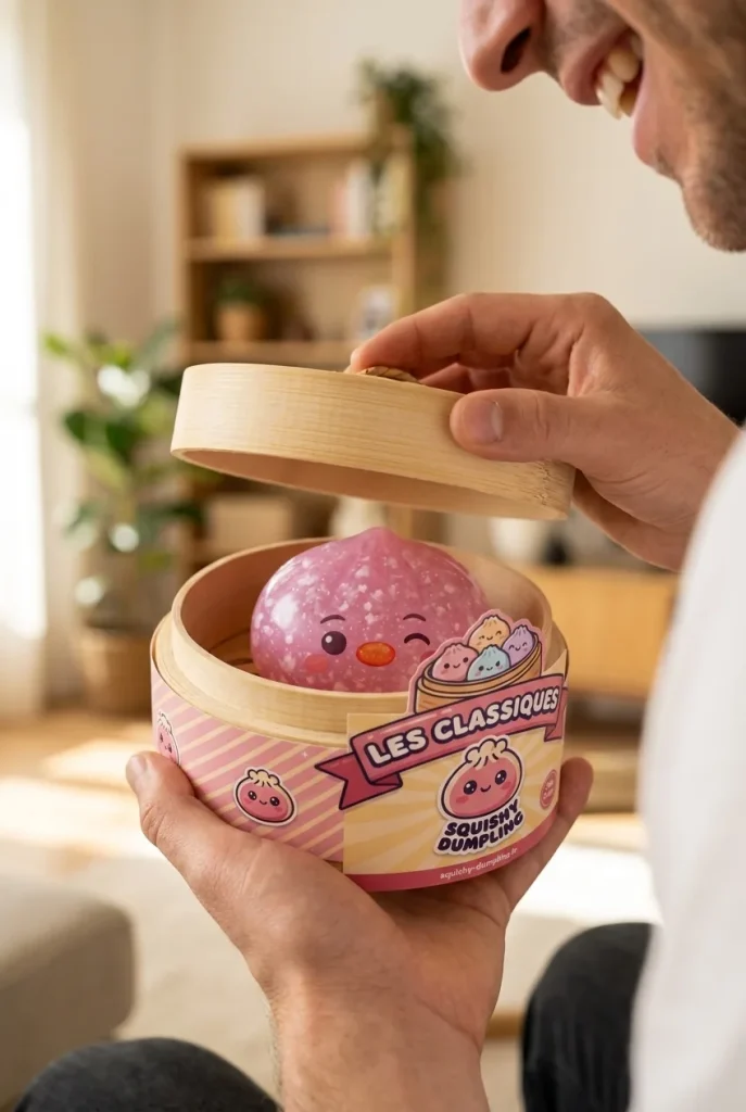 Déballage du Squishy Dumpling Pingouin Rose Bonbon — la boîte panier vapeur s'ouvre