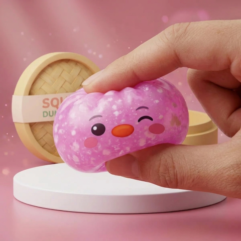 Squishy Dumpling Pingouin Rose Bonbon — effet slow-rise, la mousse regonfle