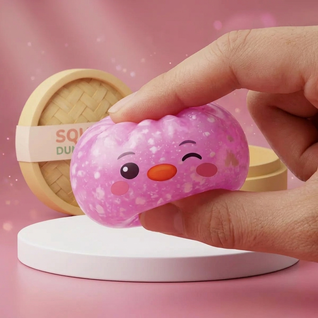 Squishy Dumpling Pingouin Rose Bonbon — effet slow-rise, la mousse regonfle