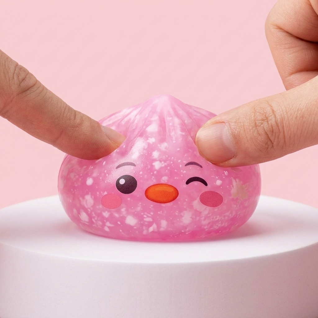 Squishy Dumpling Pingouin Rose Bonbon pressé dans la main, matière squishy