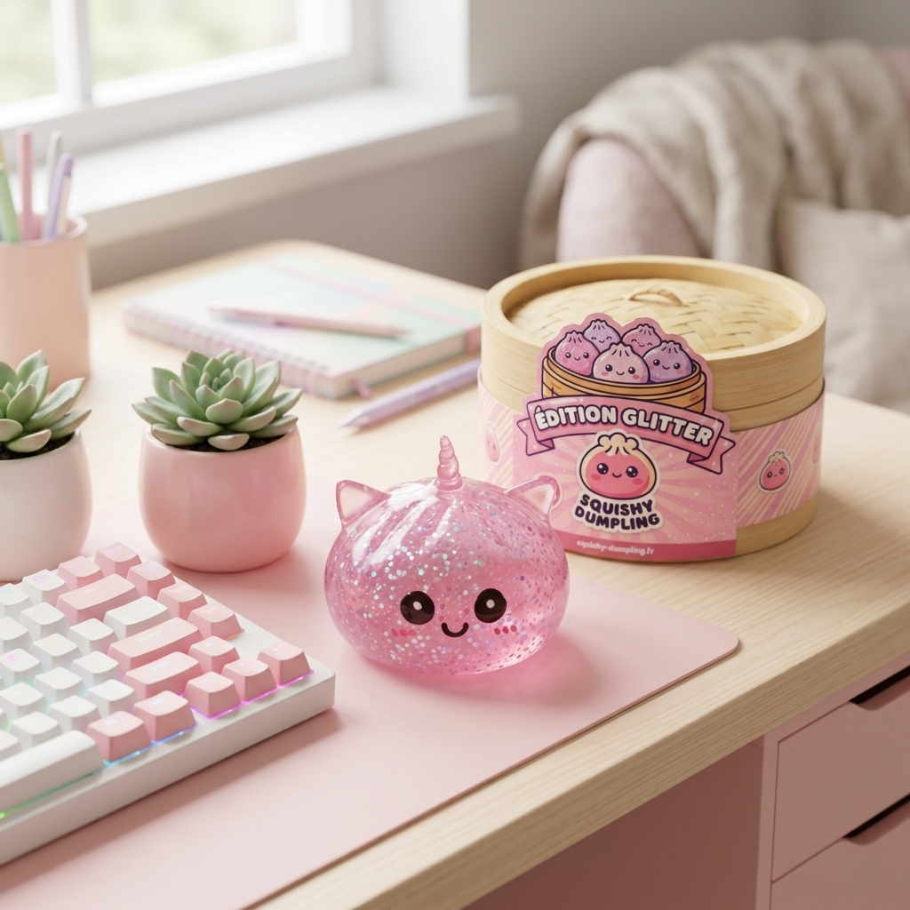 Squishy Dumpling Licorne Rose Glitter en ambiance sur un bureau