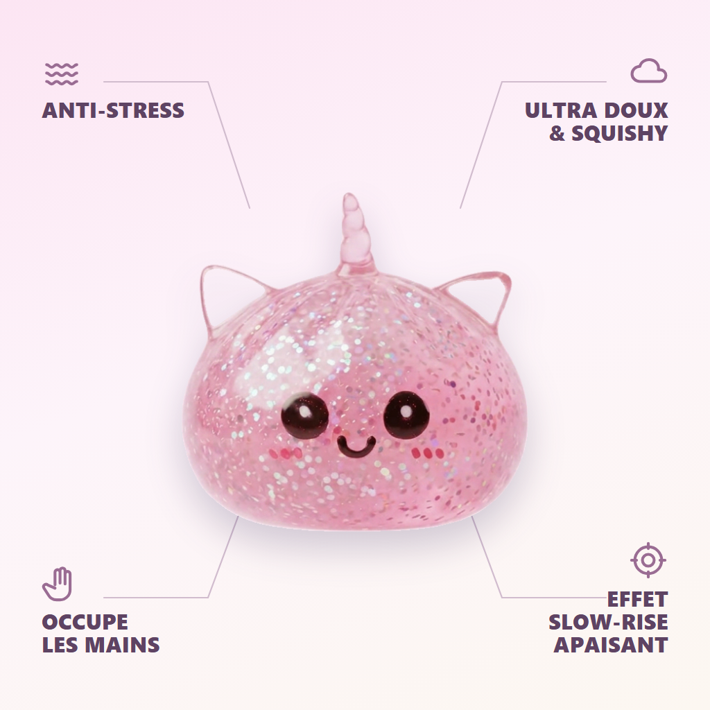 Squishy Dumpling Licorne Rose Glitter — anti-stress, ultra doux, effet slow-rise