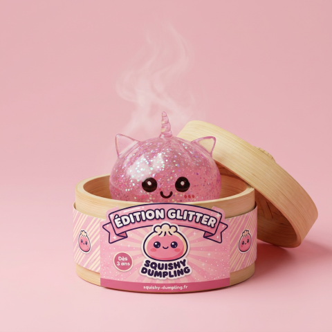 Squishy Dumpling Licorne Rose Glitter dans sa boîte panier vapeur façon bambou